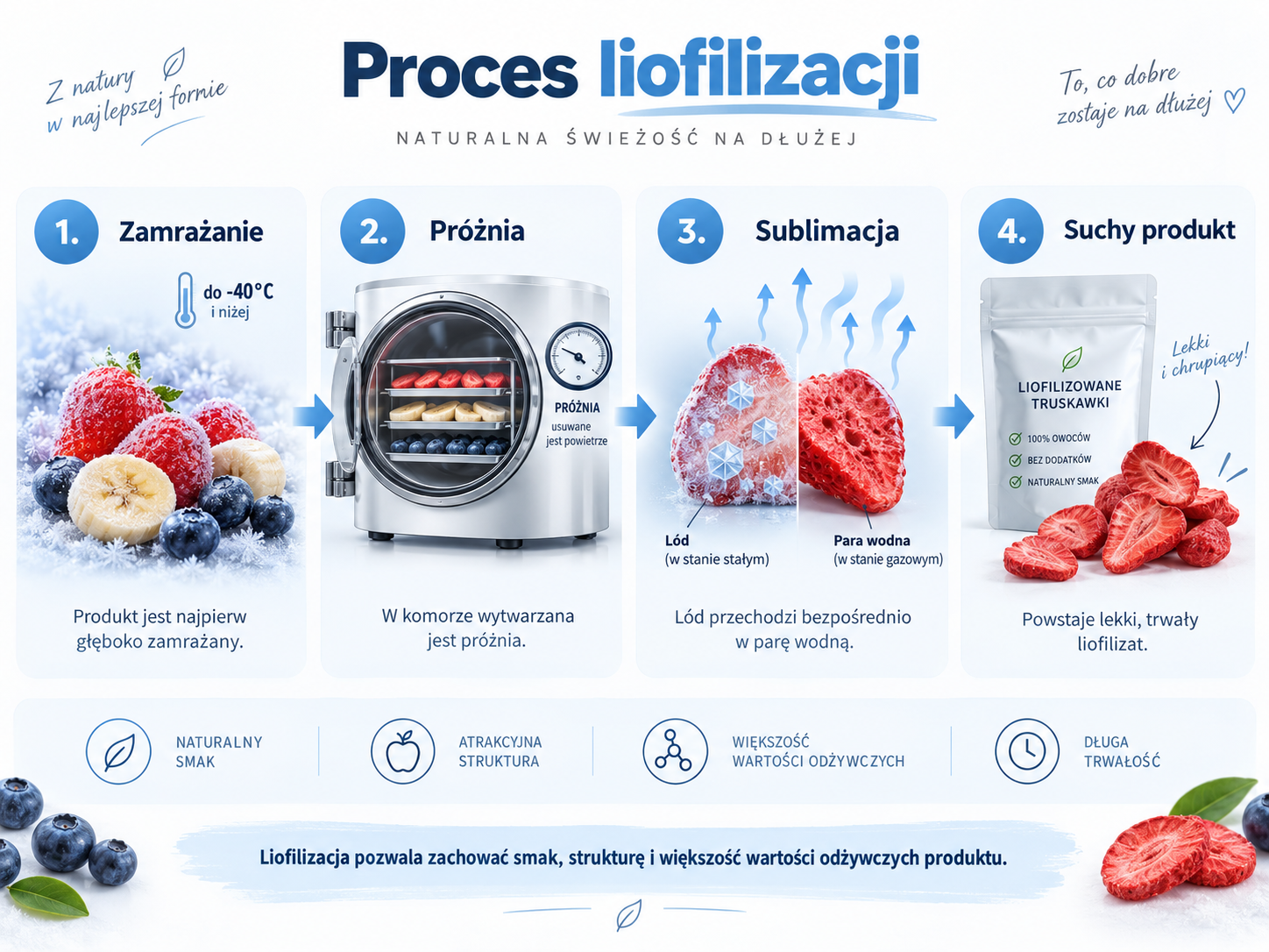 Wygenerowane przez SI: Schemat przedstawiający proces liofilizacji żywności, od świeżych owoców i warzyw, przez zamrażanie i sublimację, aż po gotowy produkt w torebce.