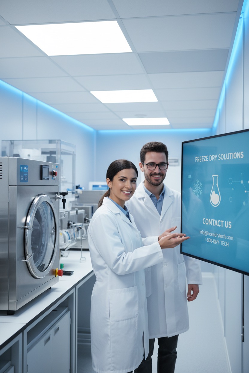 Dwóch naukowców w białych fartuchach stoi w nowoczesnym laboratorium obok ekranu wyświetlającego dane kontaktowe.