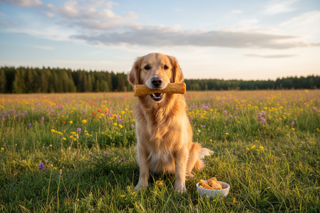 Pies rasy golden retriever siedzi na łące pełnej kwiatów i trzyma w pyszczku gryzak dla psa.